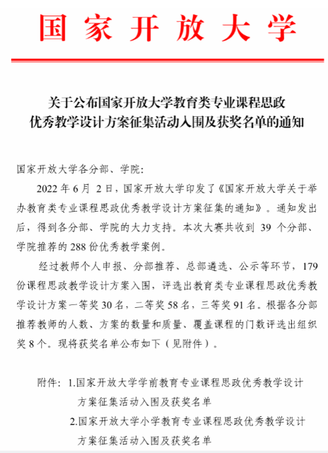 喜報:我院教師在國家開放大學課程思政教學設計方案征集中喜獲佳績