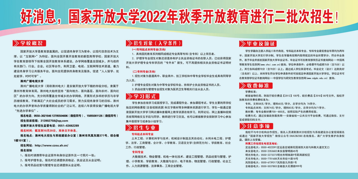 好消息，國家開放大學（南譙分校）2022年秋季開放教育二批次招生了！