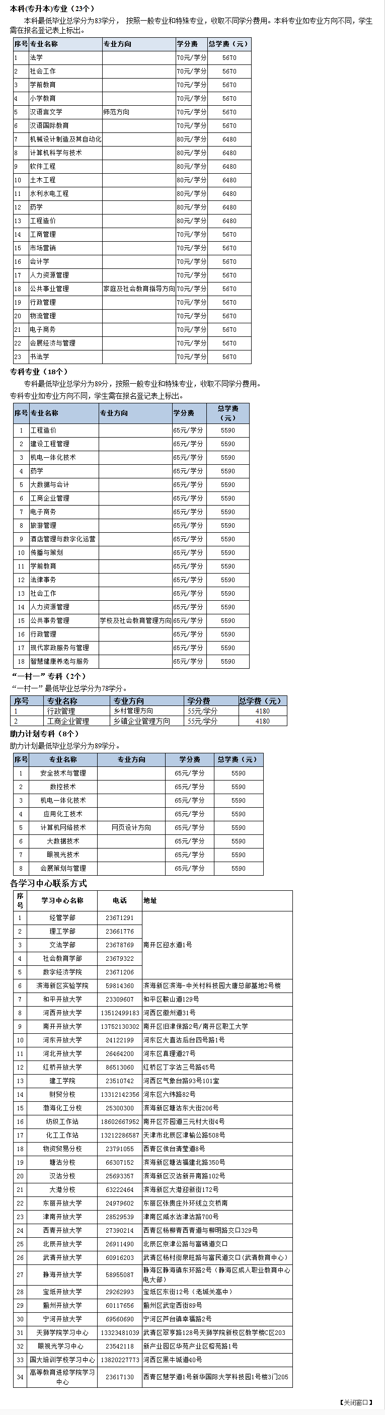 天津開放大學（西清分校）2023年春季開放教育招生簡章(本科、專科專業全) 