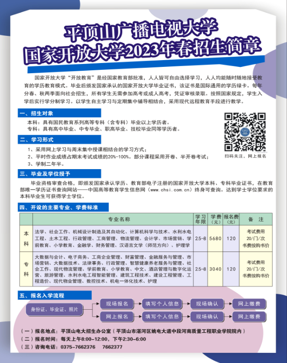 平頂山魯山開放大學2023年春季招生簡章