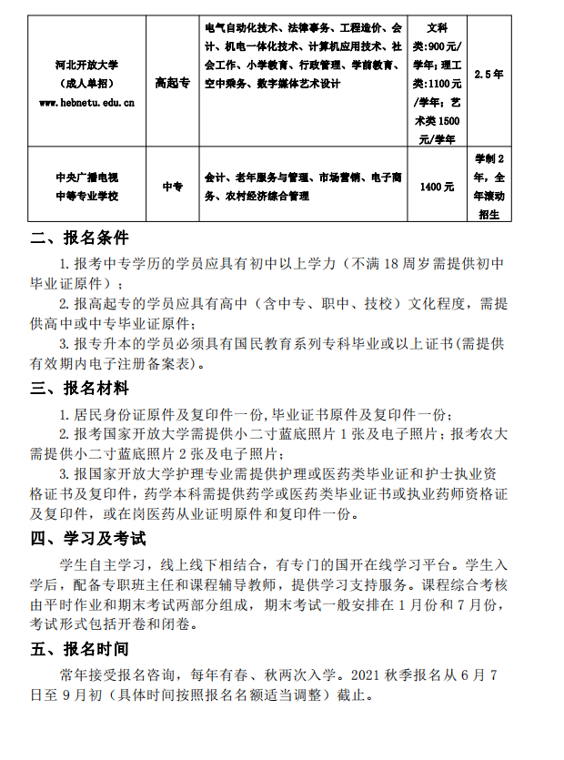 張家口開放大學（涿鹿校區）2021年秋季招生簡章