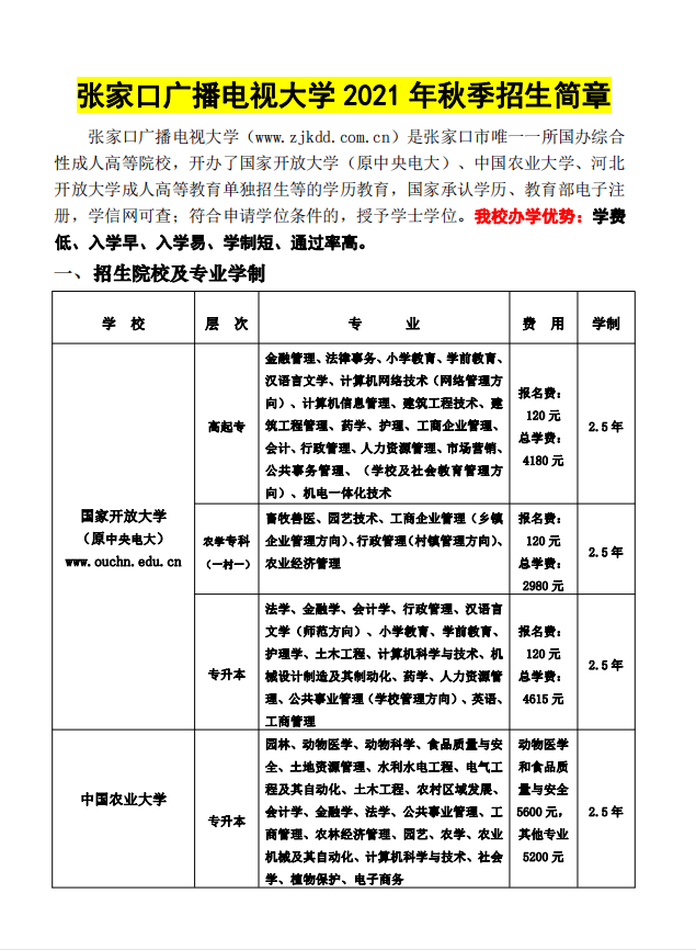 張家口開放大學（涿鹿校區）2021年秋季招生簡章