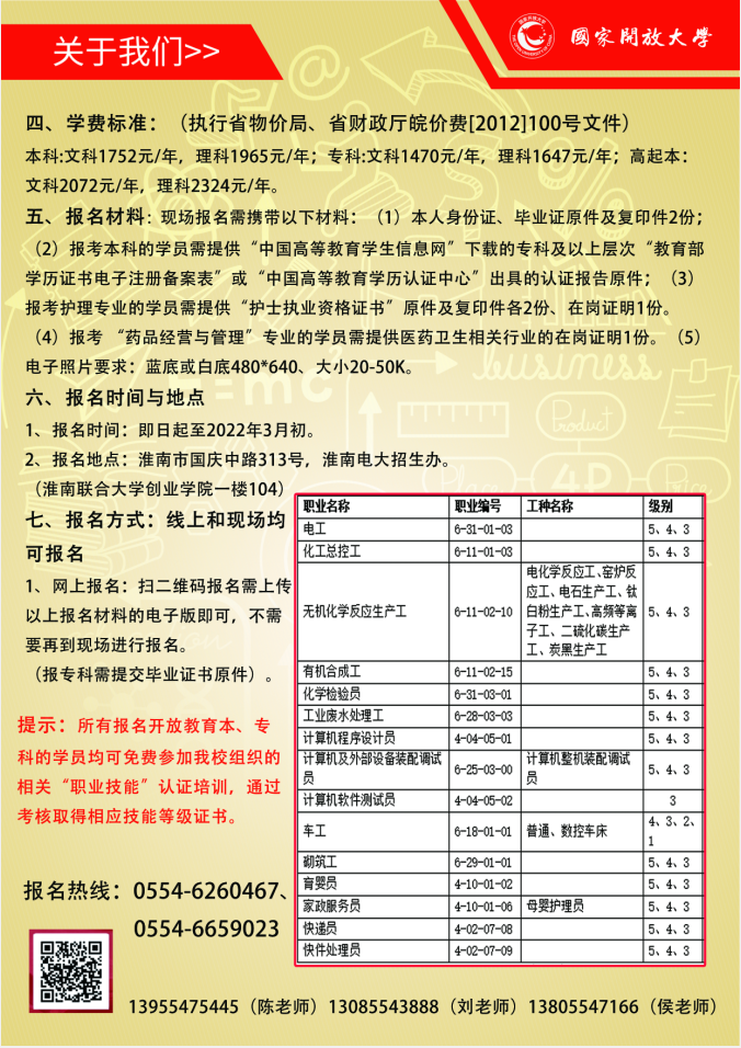淮南開放大學（潘集分校）2022年春季招生簡章