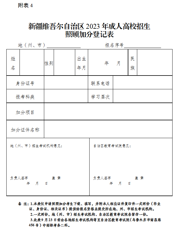 新疆維吾爾自治區2023年成人高校招生照顧加分登記表 新疆維吾爾自治區2023年成人高校招生照顧加分登記表