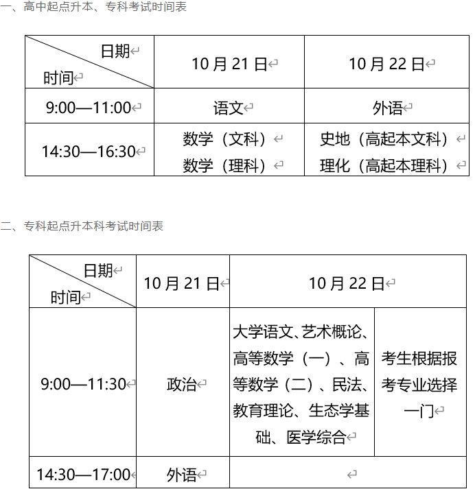 山東成人高考招生考試時間？