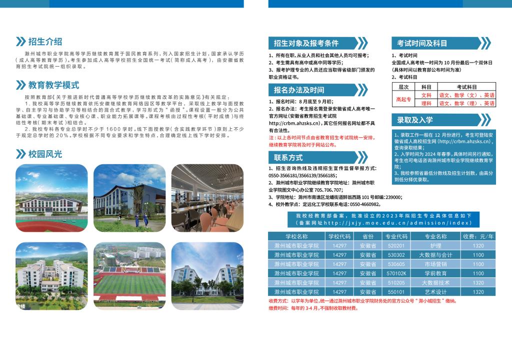 滁州城市職業學院2023年高等學歷繼續教育招生簡章