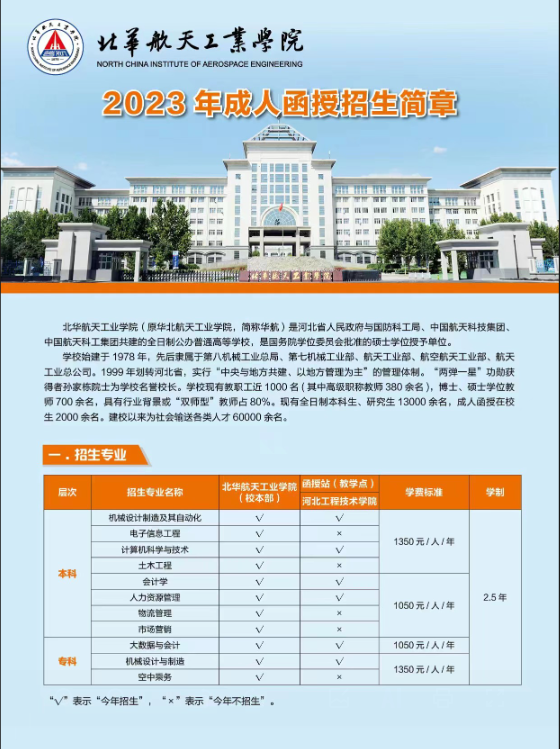 2023年北華航天工業學院繼續教育學院函授招生簡章