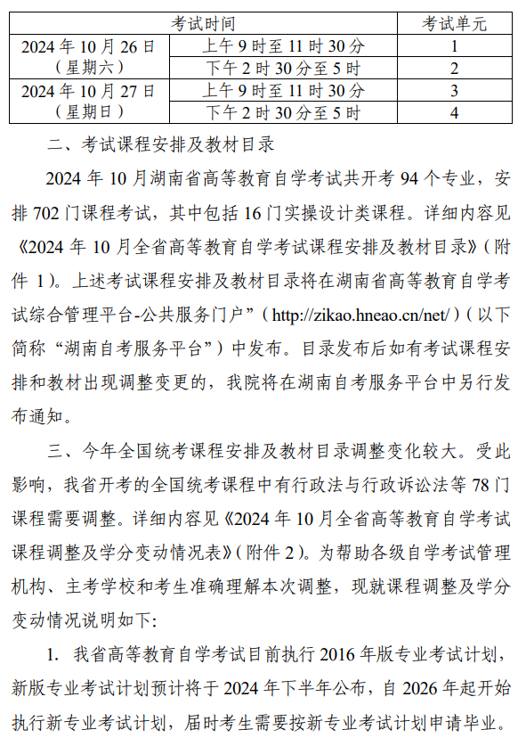 關于2024年10月湖南省高等教育自學考試課程安排及教材目錄有關事項的通知