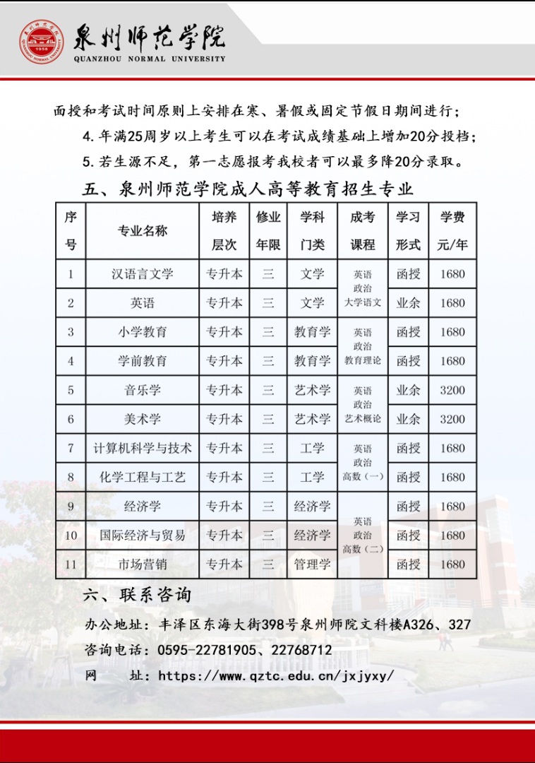 泉州師范學院2024年成人高等教育招生簡章