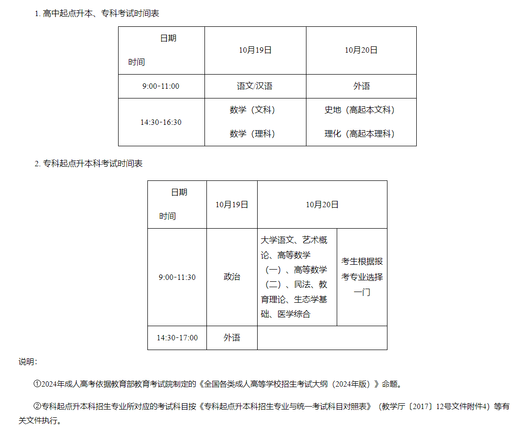 2024年湖南省成人高考考試時間：10月19日至10月20日