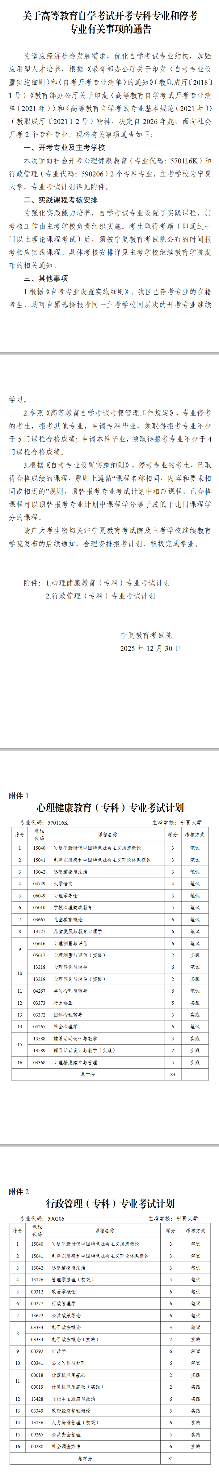 寧夏教育考試院:關于高等教育自學考試開考專科專業和停考專業有關事項的通告 寧夏教育考試院:關于高等教育自學考試開考專科專業和停考專業有關事項的通告