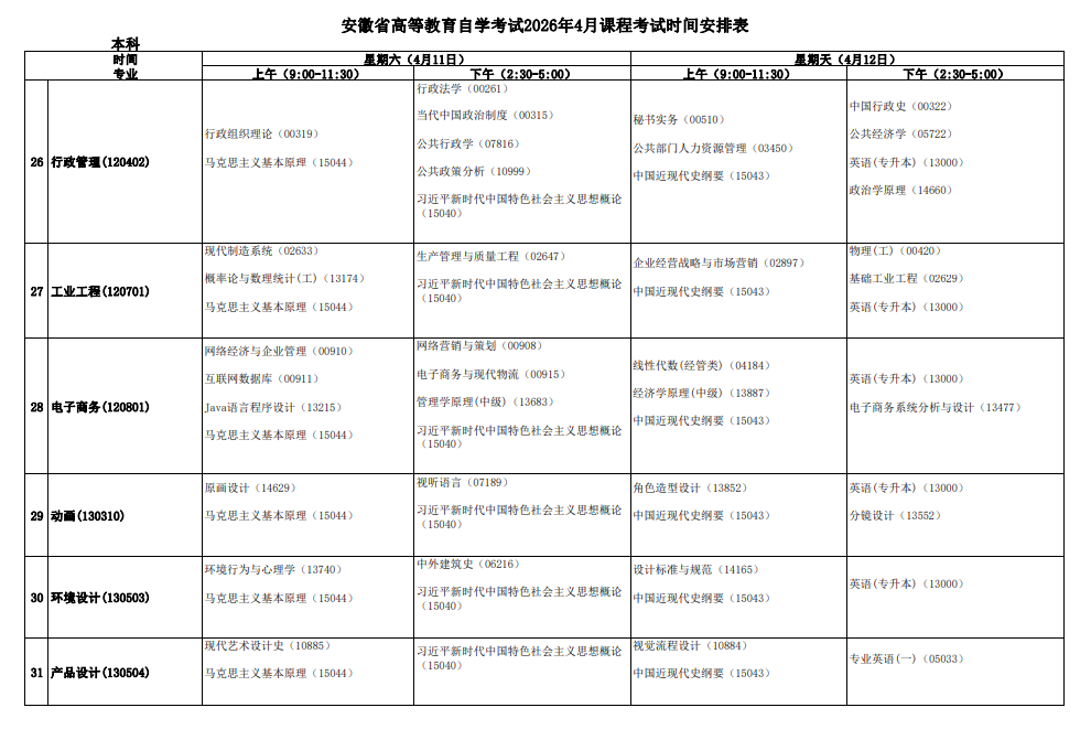 2026年4月安徽省自考考試安排