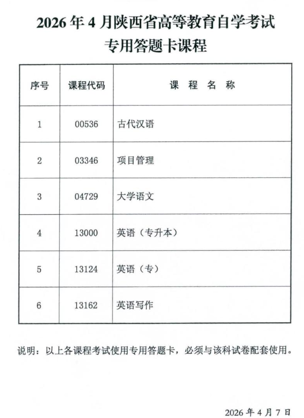 2026年4月陜西省高等教育自學考試專用答題卡課程、傳統卷課程