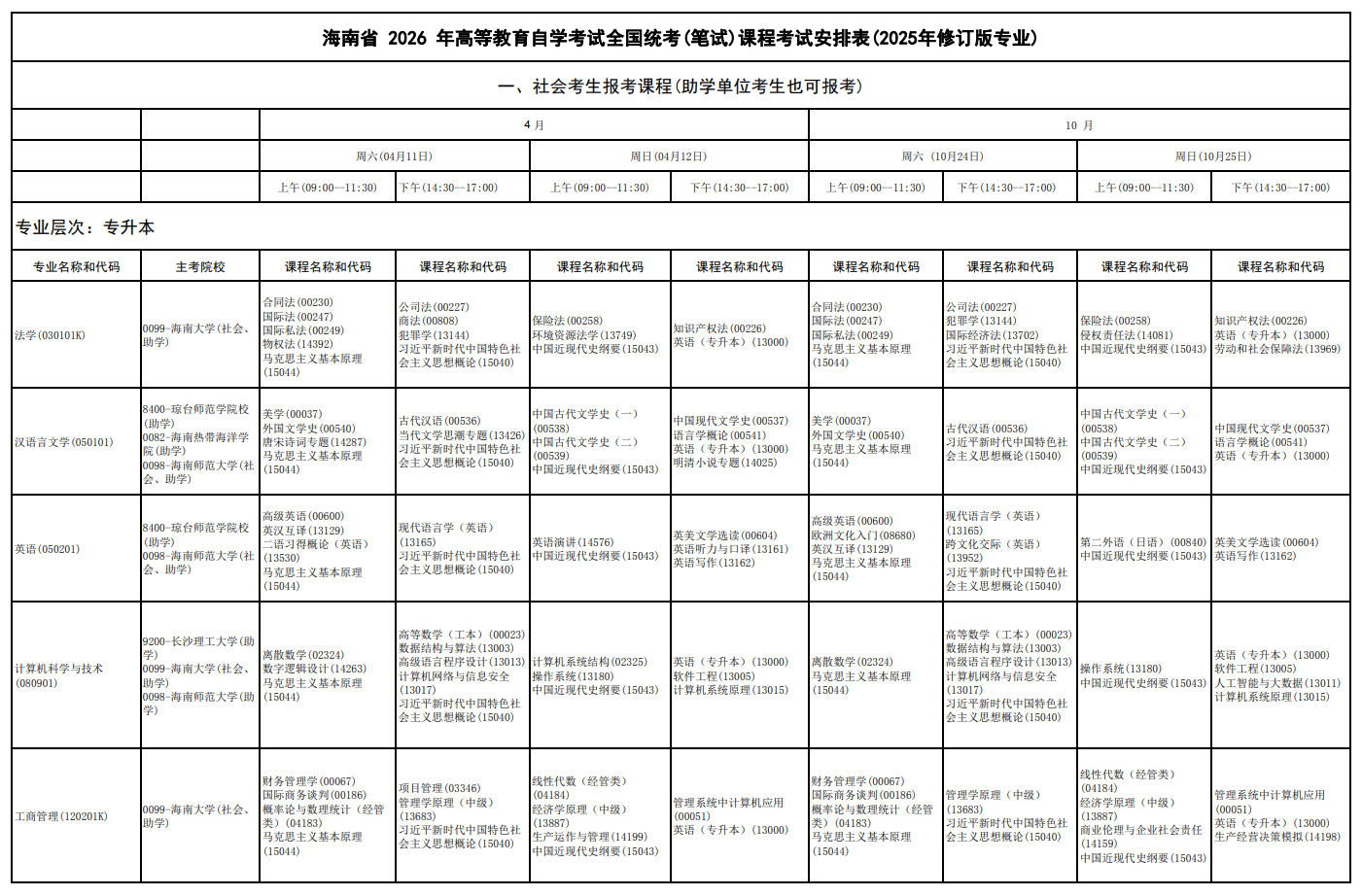 2026年10月海南省自學考試開考課程考試安排