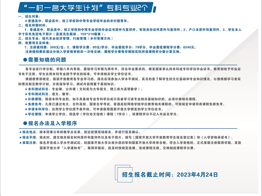 2023國開云南瀘水分部春季招生簡章