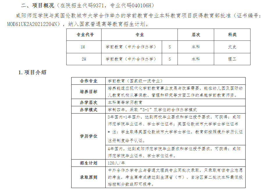 咸陽師范學院與英國倫敦城市大學學前教育專業合作辦學項目2023年招生簡章