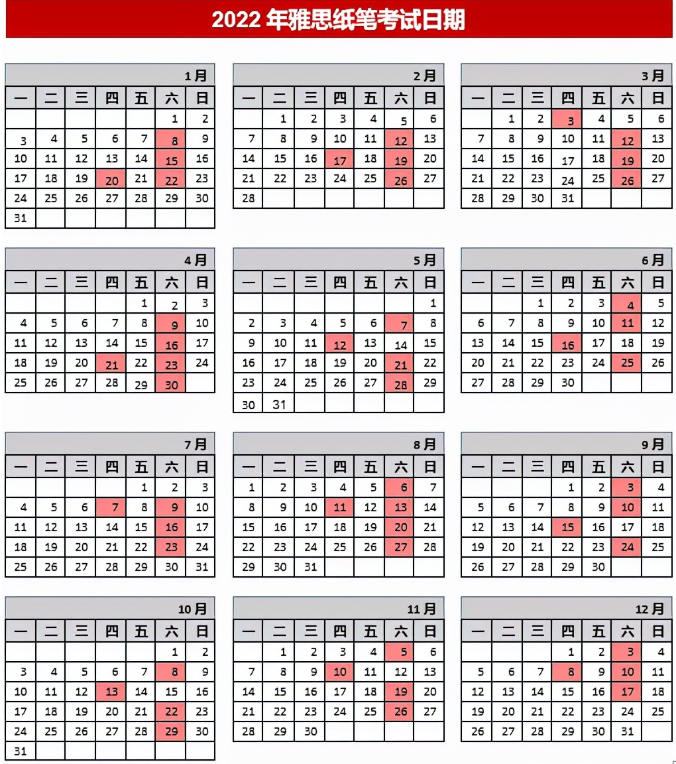 2022年5月雅思口語考試時間