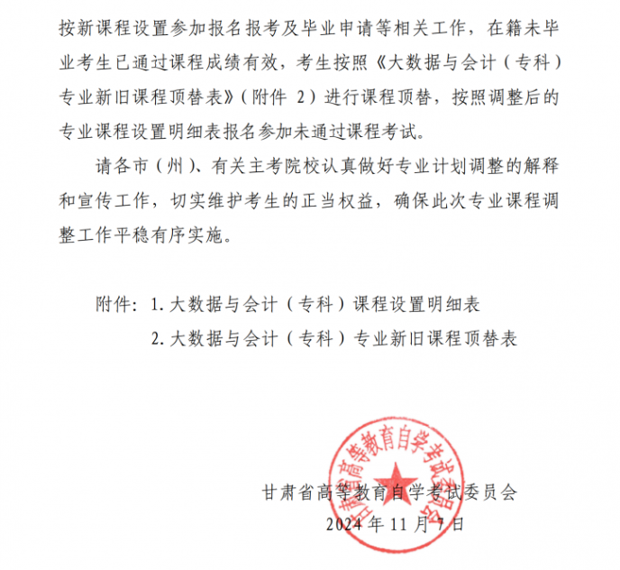 關于調整甘肅省高等教育自學考試大數據與會計（專科）專業課程計劃的通知