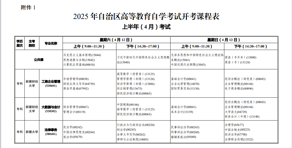 2025年4月新疆自考考試安排