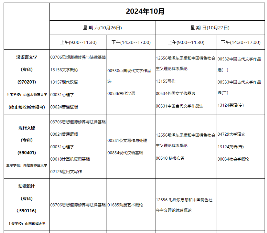 2024年10月內蒙古自學考試考試安排
