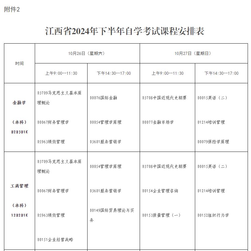 2024年10月江西省自學考試考試安排