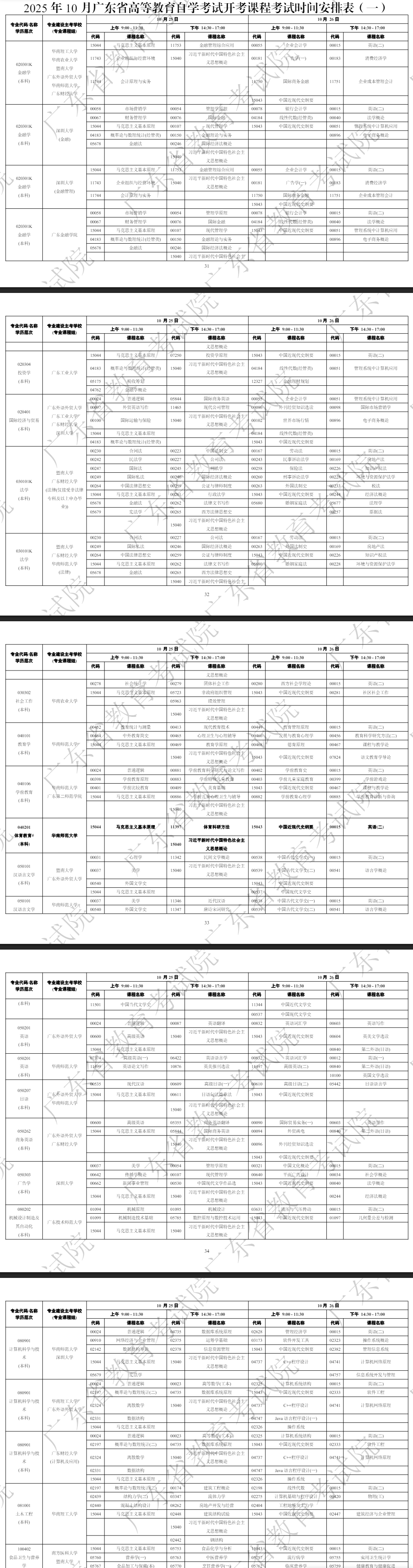 2025年10月廣東省中山市自學考試考試安排