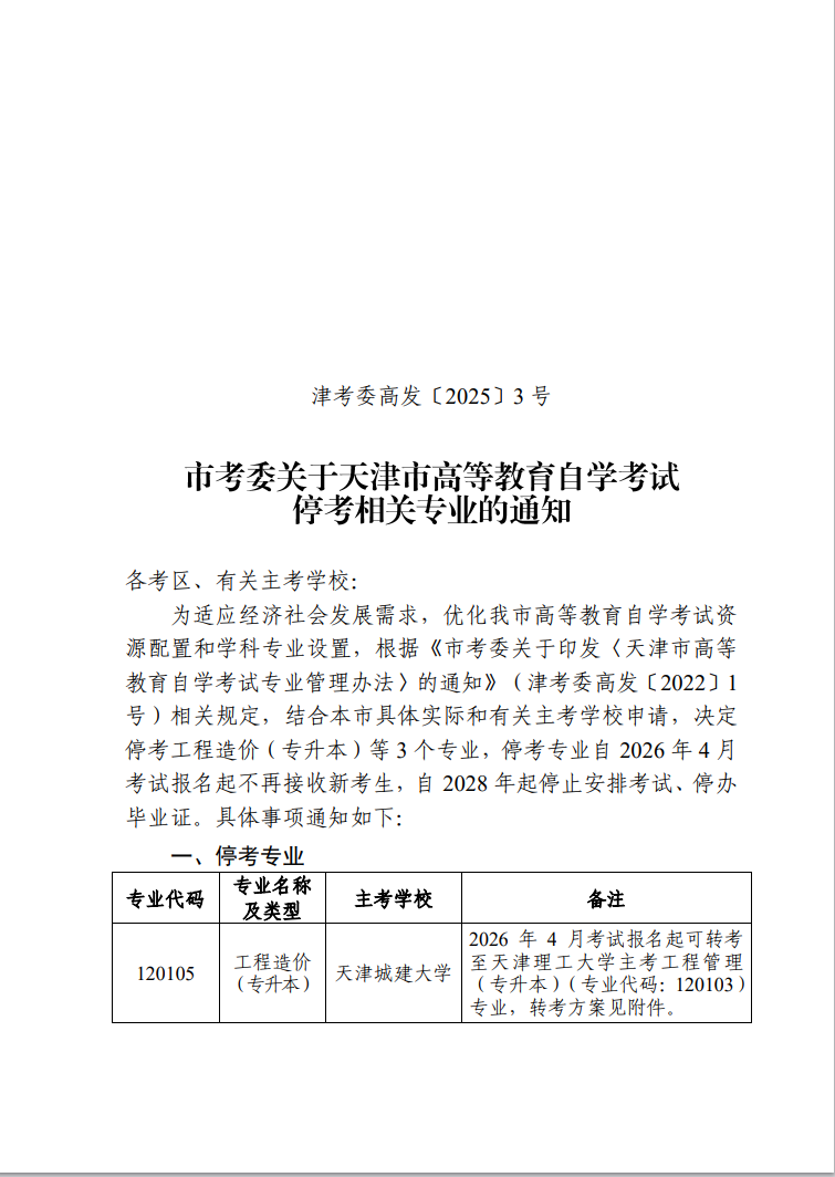 津考委高發〔2025〕3號-市考委關于天津市高等教育自學考試停考相關專業的通知 津考委高發〔2025〕3號-市考委關于天津市高等教育自學考試停考相關專業的通知