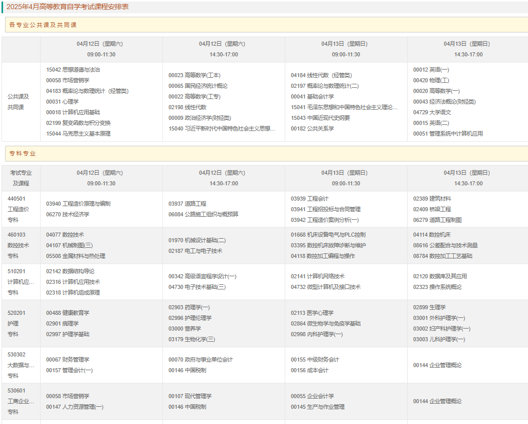 2025年4月重慶市自學考試考試安排 2025年4月重慶市自學考試考試安排