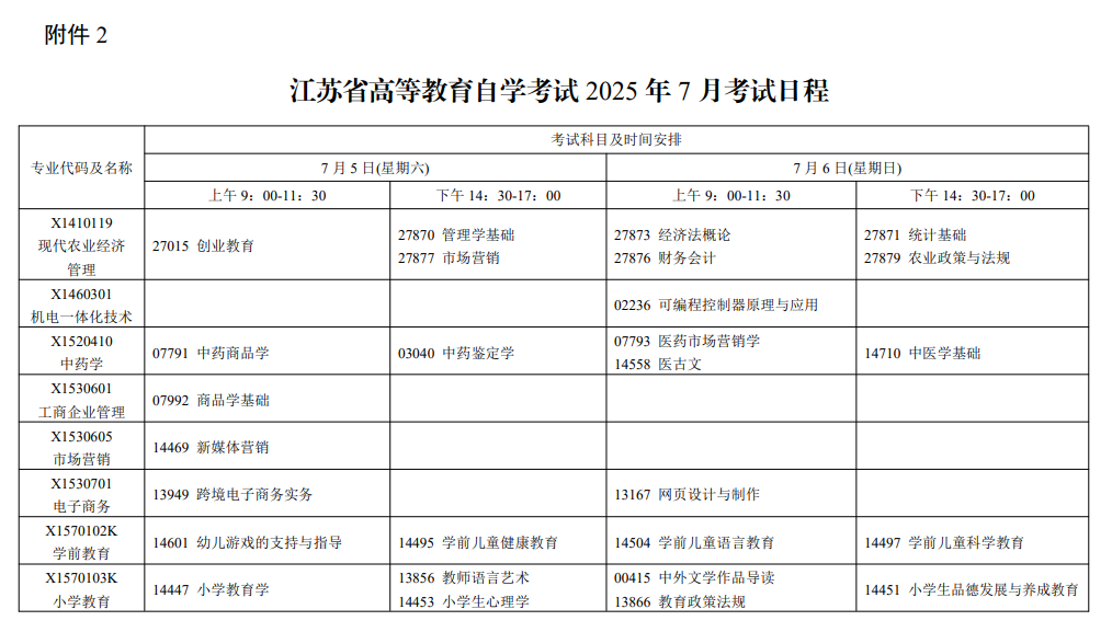 2025年7月江蘇省自學考試考試安排