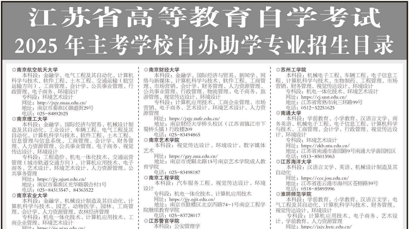 江蘇省高等教育自學考試2025年主考學校自辦助學專業招生目錄